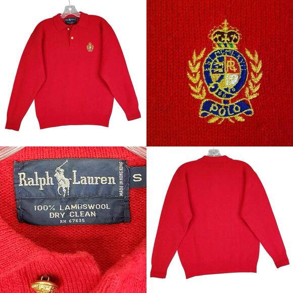 Polo Ralph Lauren Vtg Sweater Wool Crest Gold Button Women’s Small Red Preppy - Picture 1 of 8